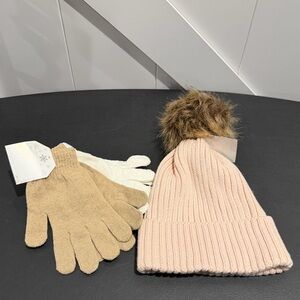 Pink Knit Beanie with Pom and Gloves Set